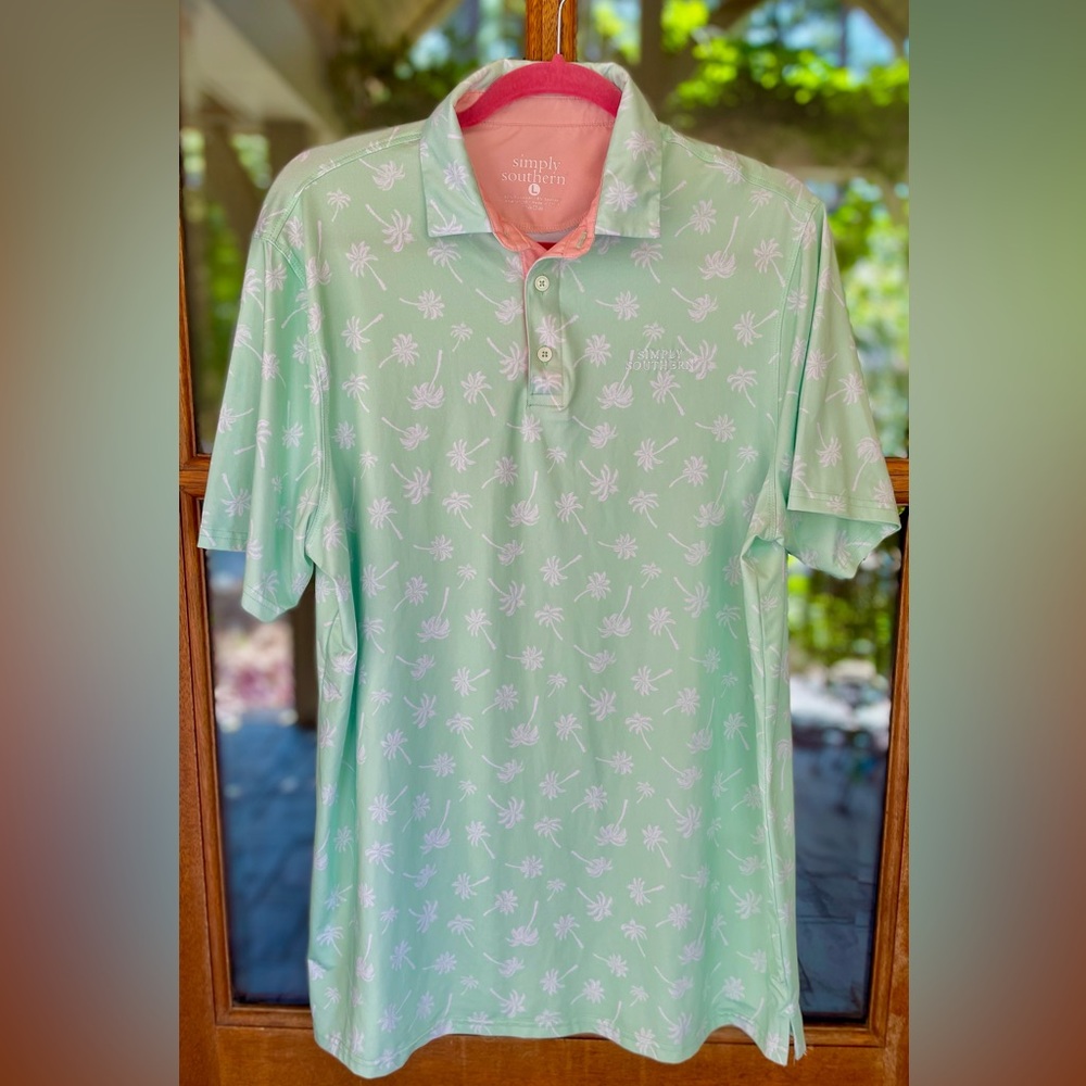 Simply Southern Green and White Polo Shirt with Subtle Palm Tree Print